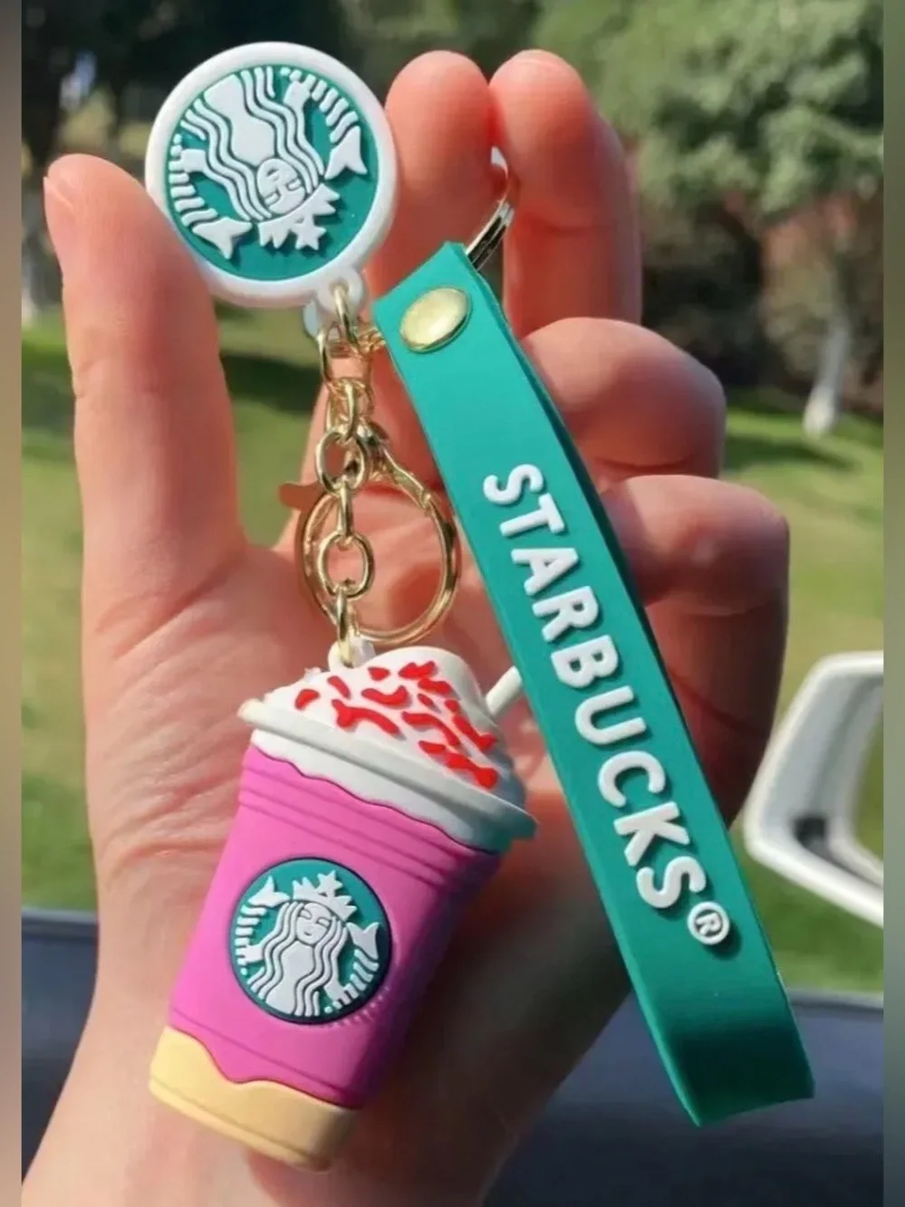 NEW Starbucks Teal Strap with Pink Frappuccino Cup Bag Charm - Keychain